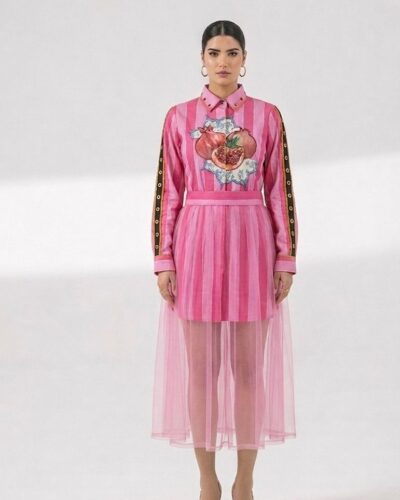 Pink Pretty Woman Two piece set Shirt with a net overlay.