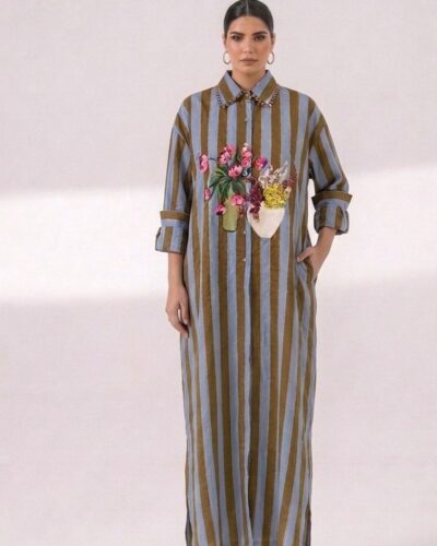 Long striped dress with floral handpainted motif