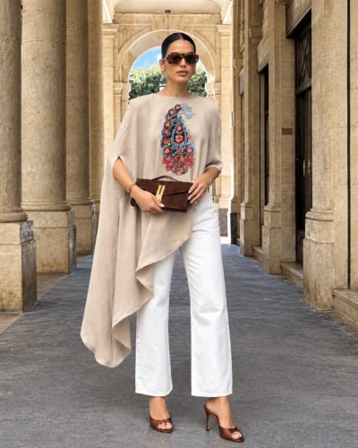 Beige Asymmetrical top with handpainted paisley