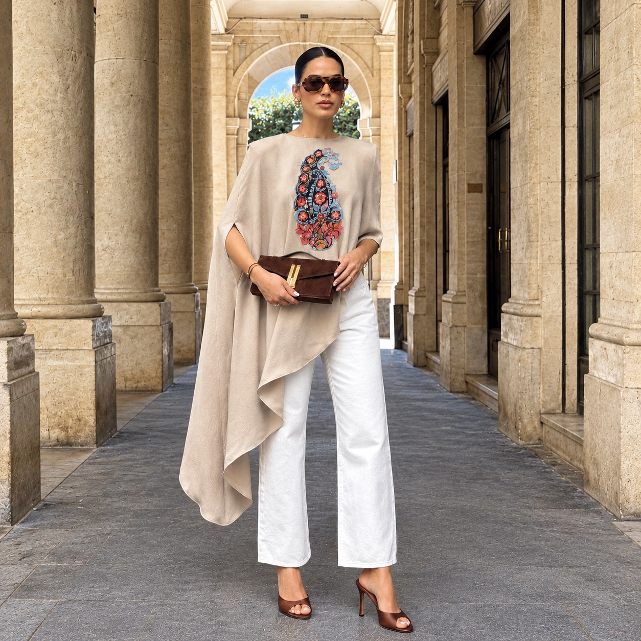 Beige Asymmetrical top with handpainted paisley Beige Asymmetrical top with handpainted paisley