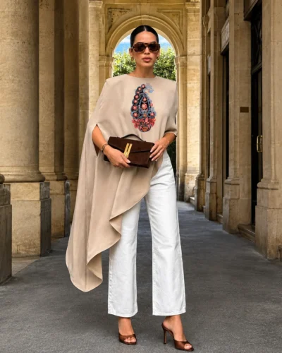 Beige Asymmetrical top with handpainted paisley