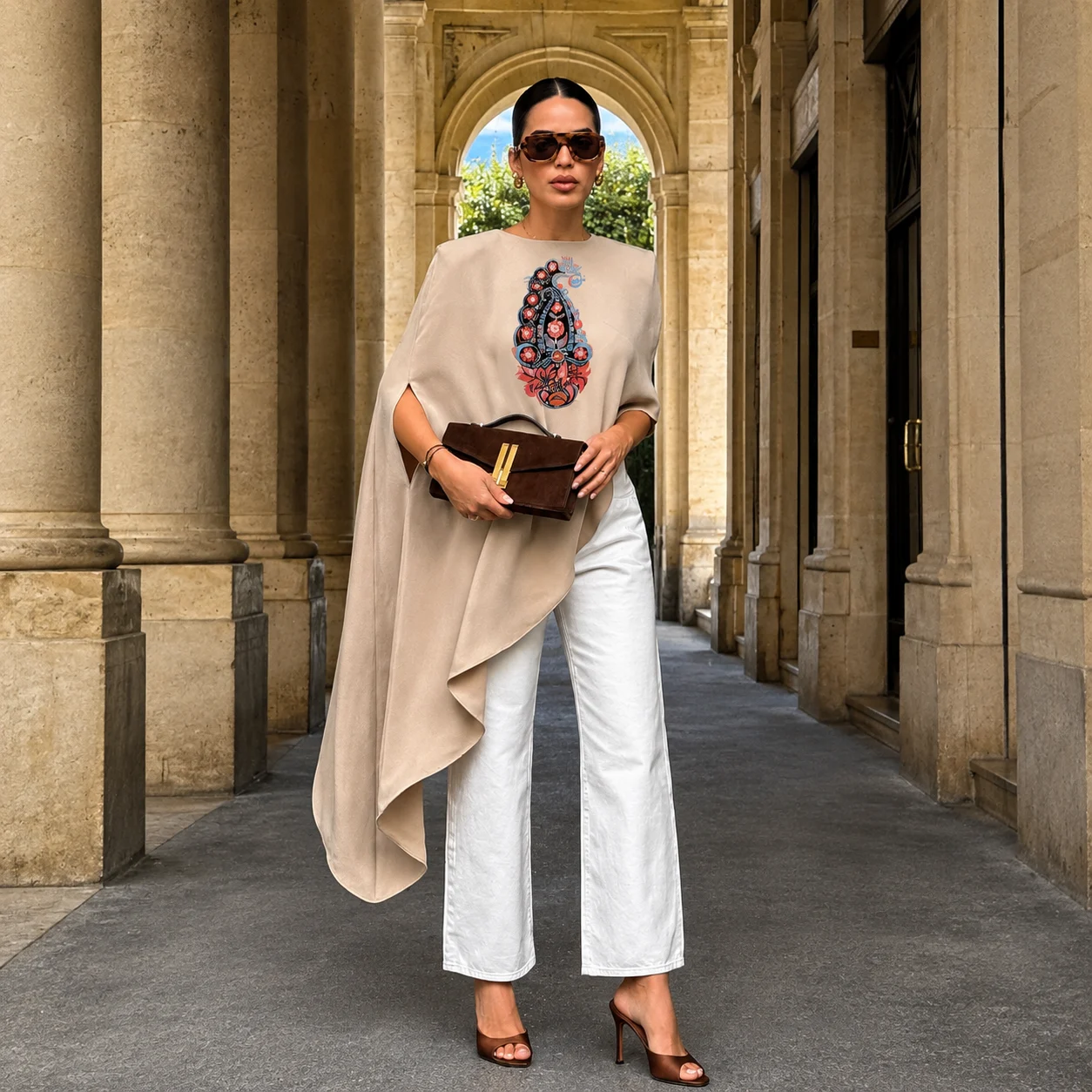 Beige Asymmetrical top with handpainted paisley Beige Asymmetrical top with handpainted paisley