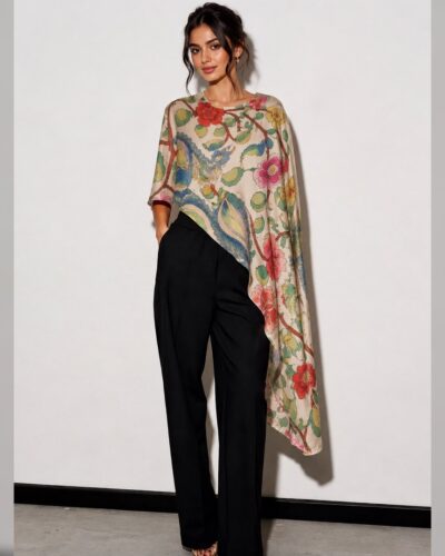Cream handpainted Kalamkari asymmetrical top