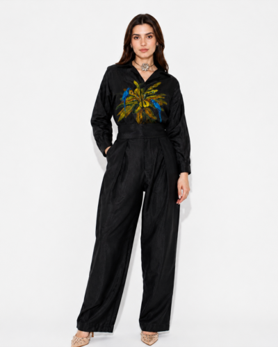 Handpainted black Chanderi co ord with bird handpainted applique
