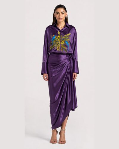 Purple satin drape set with bird applique