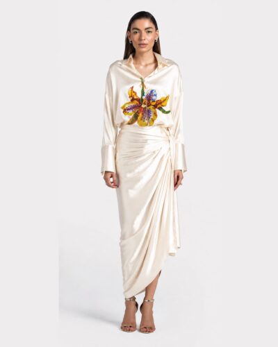 White Satin drape skirt with floral applique