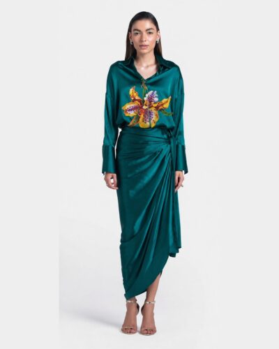 Green Satin drape skirt with floral applique
