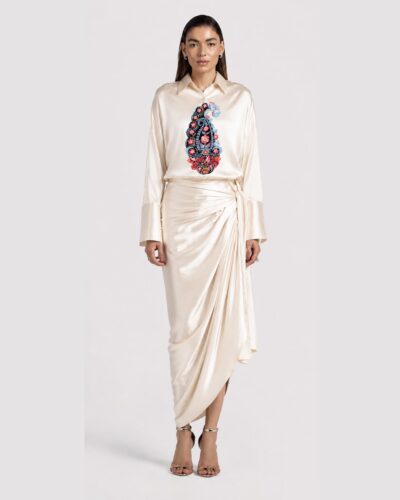 White Satin drape skirt with Keri applique