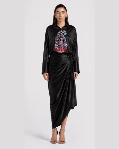 Black Satin drape skirt with Keri applique