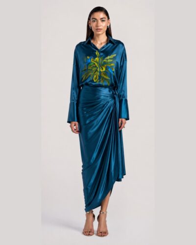 Teal blue Satin drape skirt with bird applique