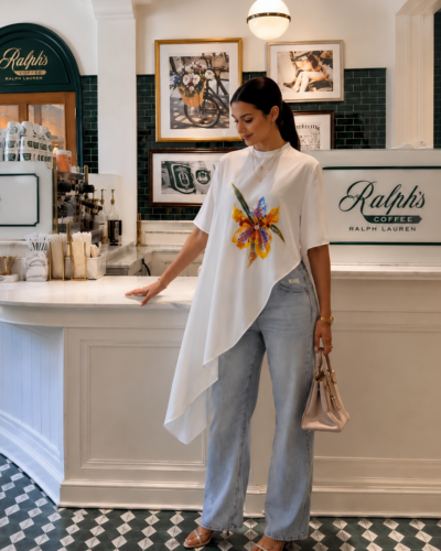 White asymmetrical top with Handpainted applique